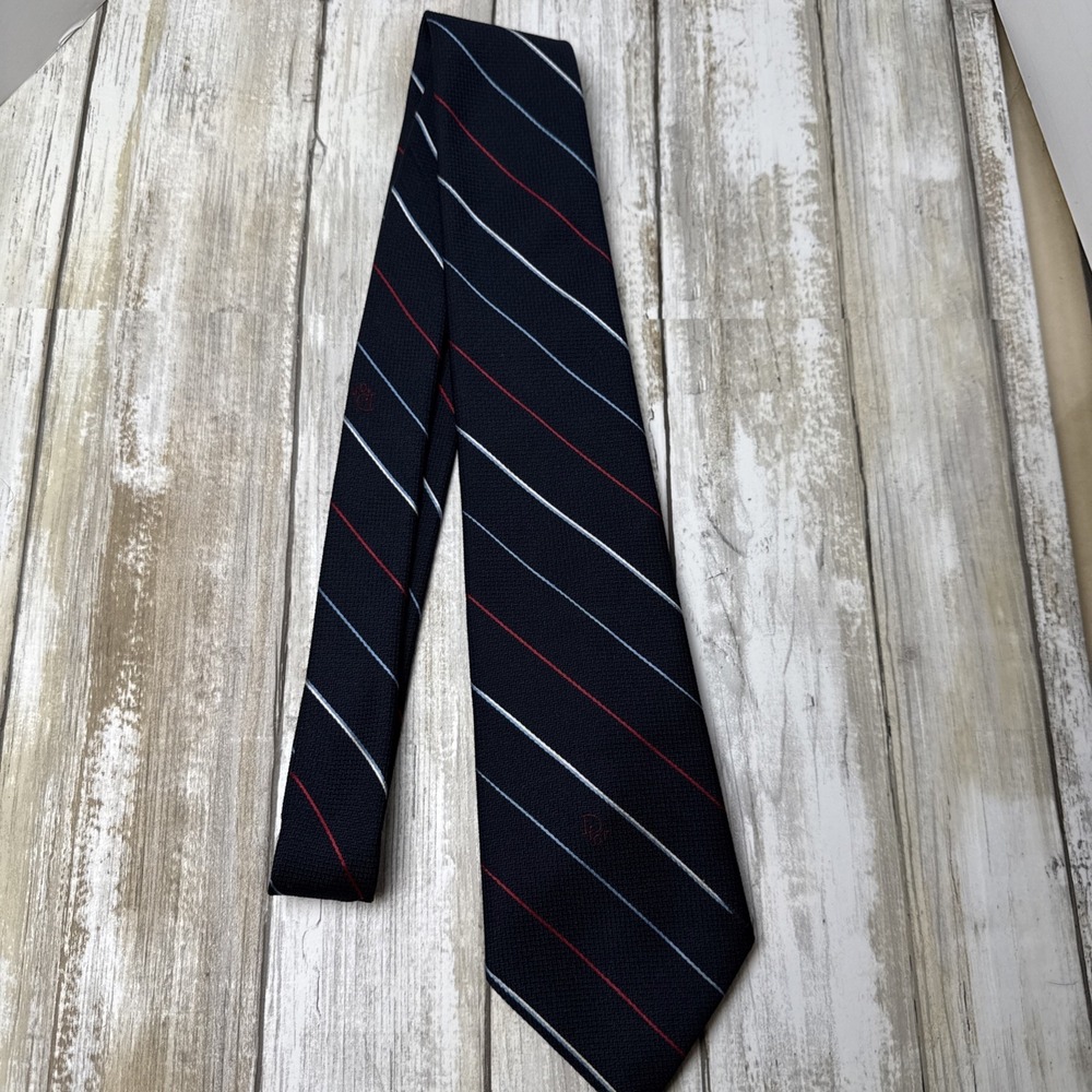VTG Christian Dior Tie Navy, Red, Light Blue Wht Stripe Silk 5% ITALY MADE USA